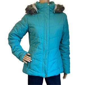 Women's Columbia Jacket. Size L. Turquoise Blue, Hood with Faux Fur Trim